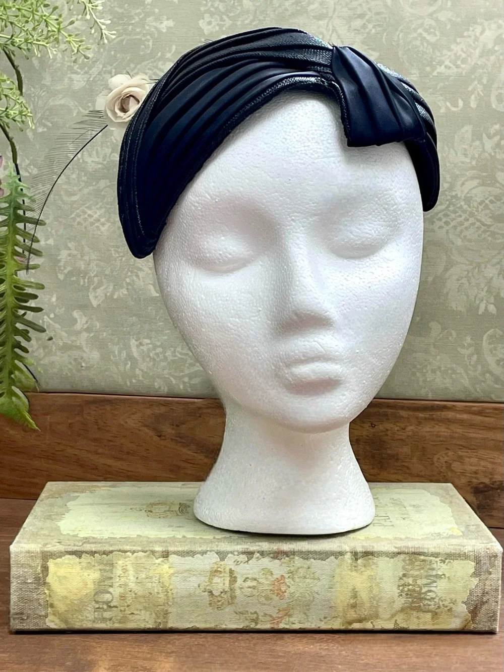 Vintage 1950s The Fashion Black Pleated Half Hat Turban Feather Fascinator